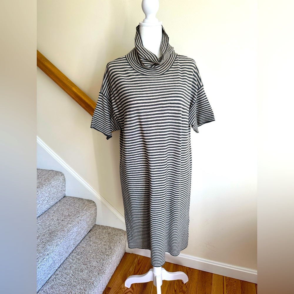 Eileen Fisher merino wool, gray/cream stripes, turtle neck, shirt sleeve tunic.